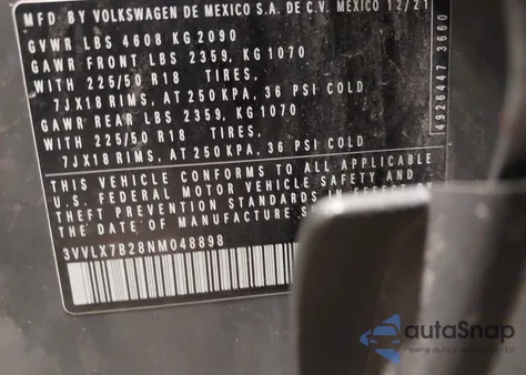 2022 Volkswagen Taos 1.5T Se z USA, uszkodzony, nr VIN 3VVLX7B28NM048898